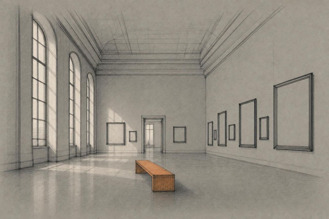 Zeichnung: hoher, leerer Ausstellungssaal mit leeren Bilderrahmen und einer Bank
